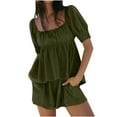 thumbnail image 2 of QATAINLAV Women's Cotton Linen 2 Piece Outfits Cute Puff Sleeve Square Neck Pleated Tops and Elastic Waist Bermuda Shorts Summer Lounge Sets Green S, 2 of 8