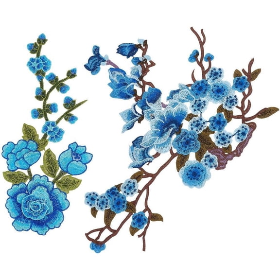 2 PCS Blue Embroidered Flower Cloth Appliques Wedding Dress Patch 2 Style Polyester Patches Lace Applique Sew on Patches for DIY Sewing Wedding 1set