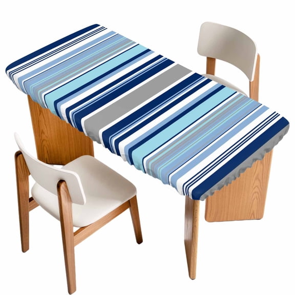 Blue Green Striped Table Cloths for 4 Foot Rectangle Tables, Colorful Abstract Vertical Lines Art Patio Waterproof Elastic Fitted Tablecloths, Washable Rectangular Table Cover for Camping