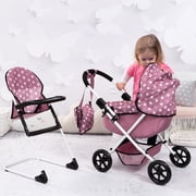 Bayer Design Dolls: Cozy 3 Piece Set - Pink, White, Stars - Folding Pram, Highchair, Shoulder Bag, Accessory Set For Dolls Up To 18, Kids Toy, Age 3+