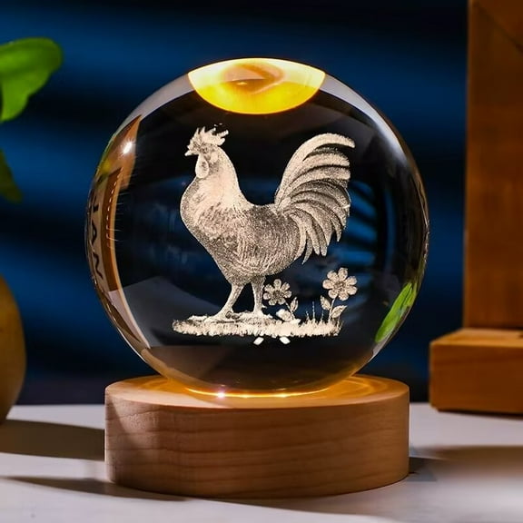 3.14in 3D Chicken Crystal Ball Engraved with WoodenBase, Figurines Gift for Men Women Glass Decor Ball for Home Decor