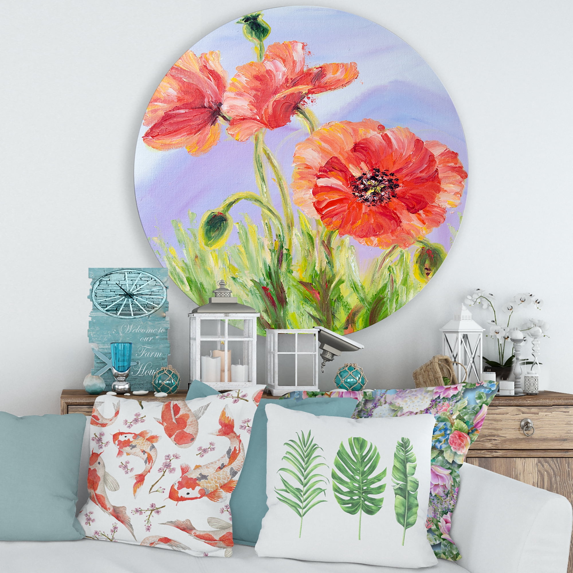 Designart 'Blossoming Poppies At Dawn' Traditional Circle Metal Wall Art 36x36 - Disc of 36