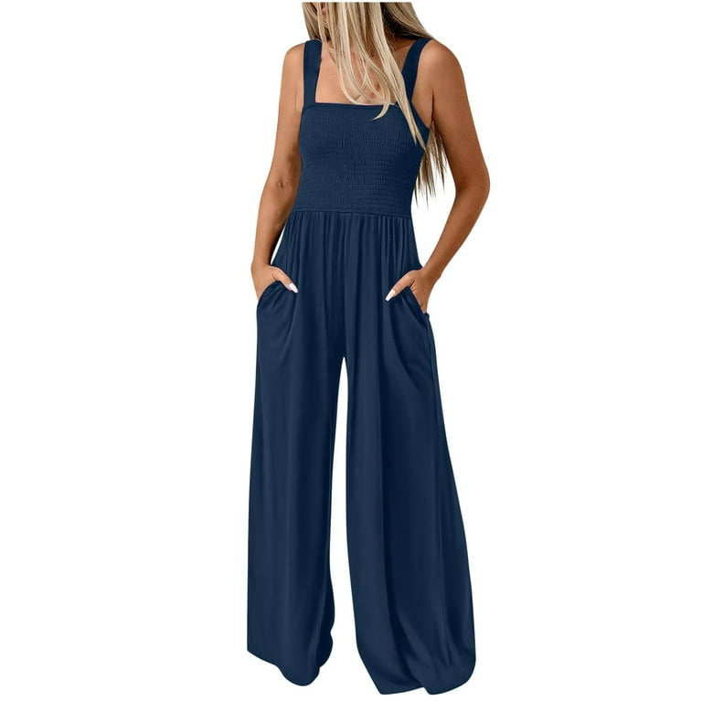 Women Casual 1 Piece Jumpsuit Summer Smocked Top Adjustable