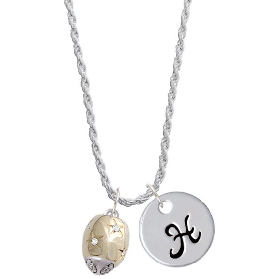 Delight Jewelry Goldtone Barrel with AB Clear Crystal Stars Spinner Silvertone Script Initial Disc - H - Charm Necklace, 20"+3"