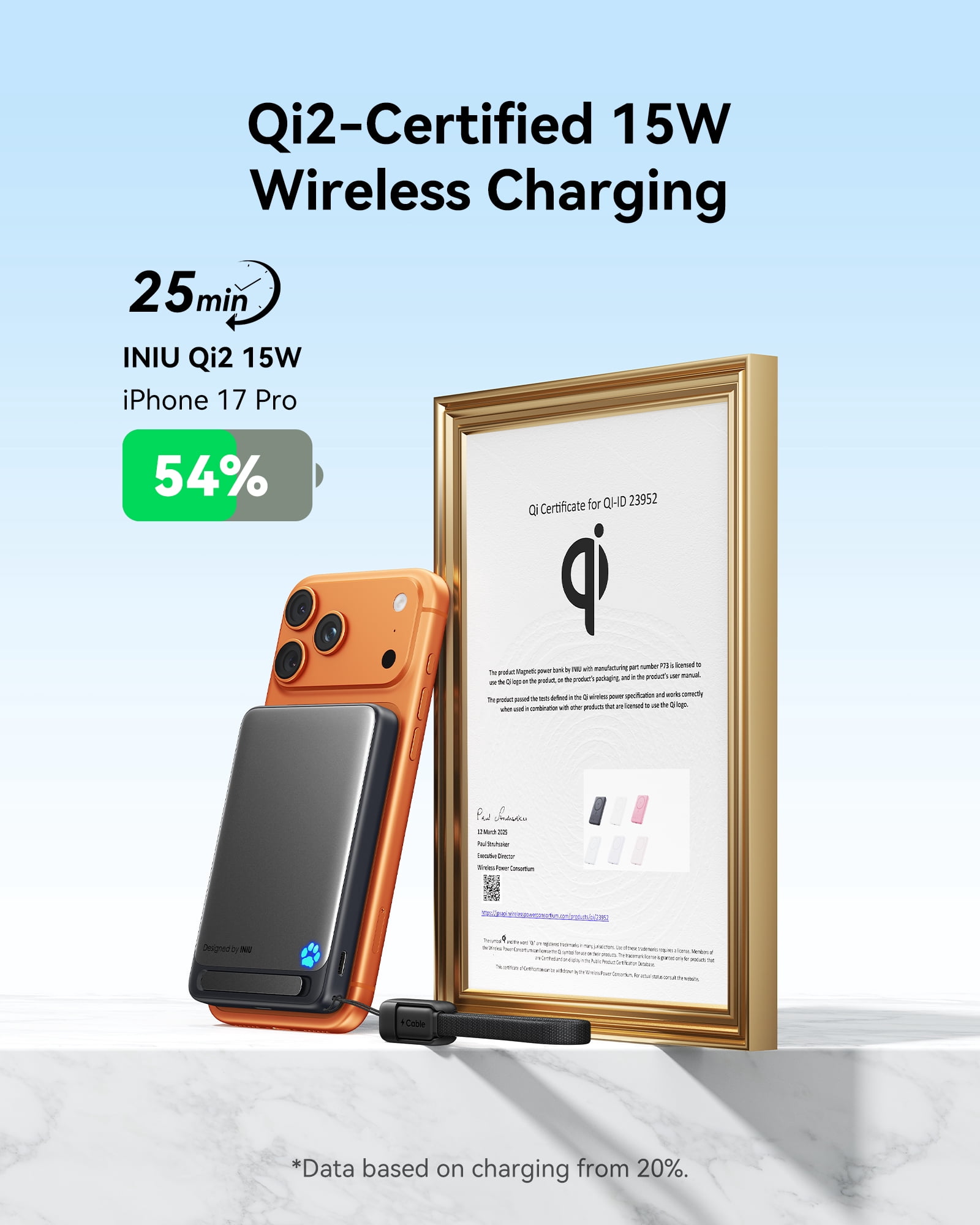 INIU Magnetic Wireless Portable Charger, 10000mAh 45W Power Bank with USB C Cable&Stand,  Qi2 Certified Battery Pack, Compatible with iPhone 17/16/15/14/13/12 Only, Black