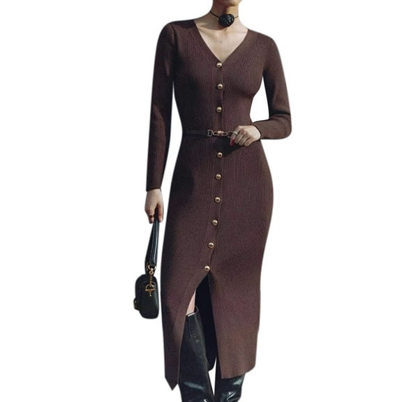 Women'S 2025 Fall Trendy Midi Sweater Dress Casual V Neck Long Sleeve Ribbed Knit Winter Bodycon Dresses Brown S