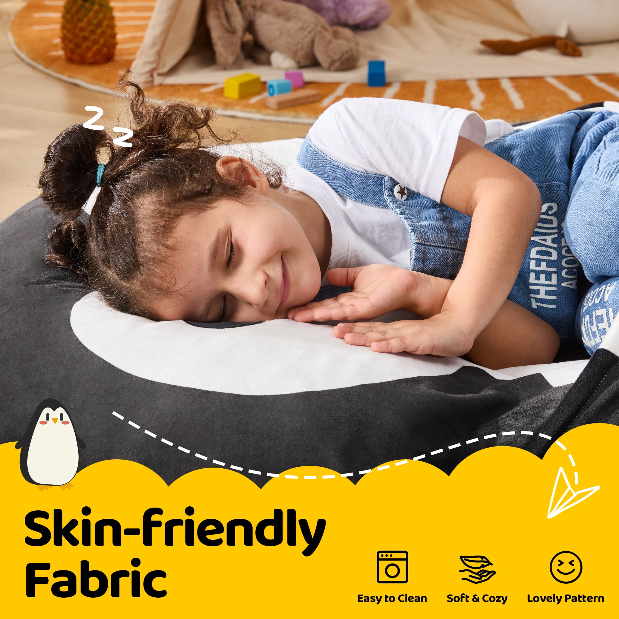 Hobestluk Bean Bag Chairs Bean Bag Floor Cushion Sleeping Mat Bean Bag Chair for Adults Beanbag Lounger for Living Room Bedroom or Playroom (Black, Medium, Penguin)