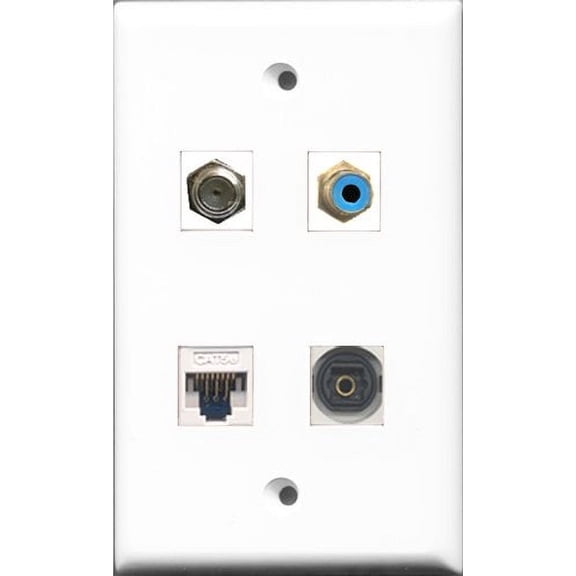 RiteAV 1 Port RCA Blue and 1 Port Coax Cable TV- F-Type and 1 Port Toslink and 1 Port Cat5e Ethernet White Wall Plate