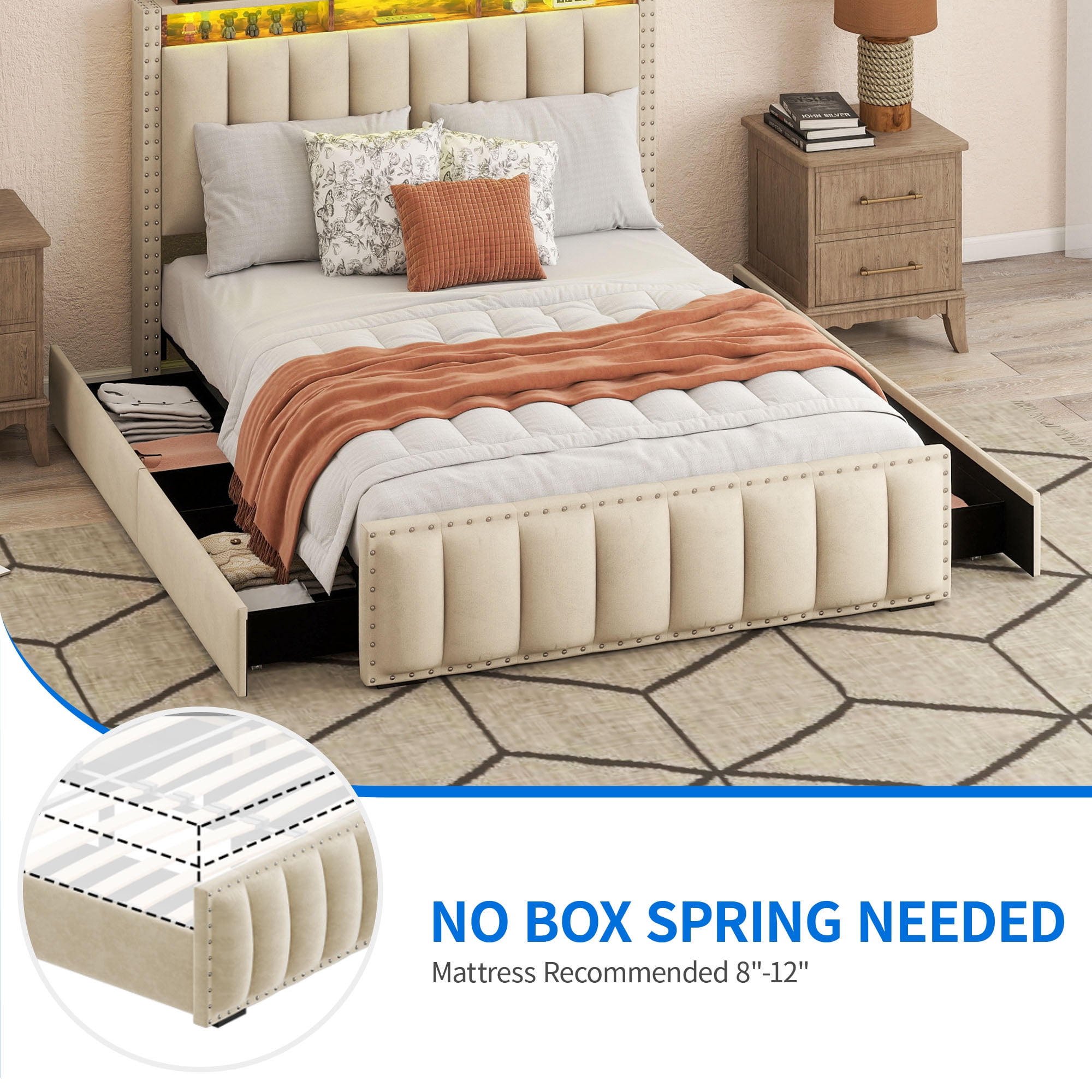 Uforic Full Size LED Upholstered Platform Storage Bed Frame with Drawers and Charging Station, Beige