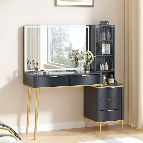 OKD Makeup Vanity Desk with Lights and Mirror, Vanity Table with 5 Drawers and Charging Station for Bedroom,Dark Gray