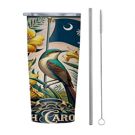 

South Carolina Jessamine Flower Wren Bird 20oz Tumbler Insulated Stainless Steel Water Bottle Portable Travel Coffee Tea Mug Cup