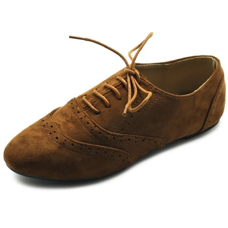 

Ollio Women s Shoes Faux Suede Classic Wingtips Lace Up Dress Low Flats Heels Oxfords F115