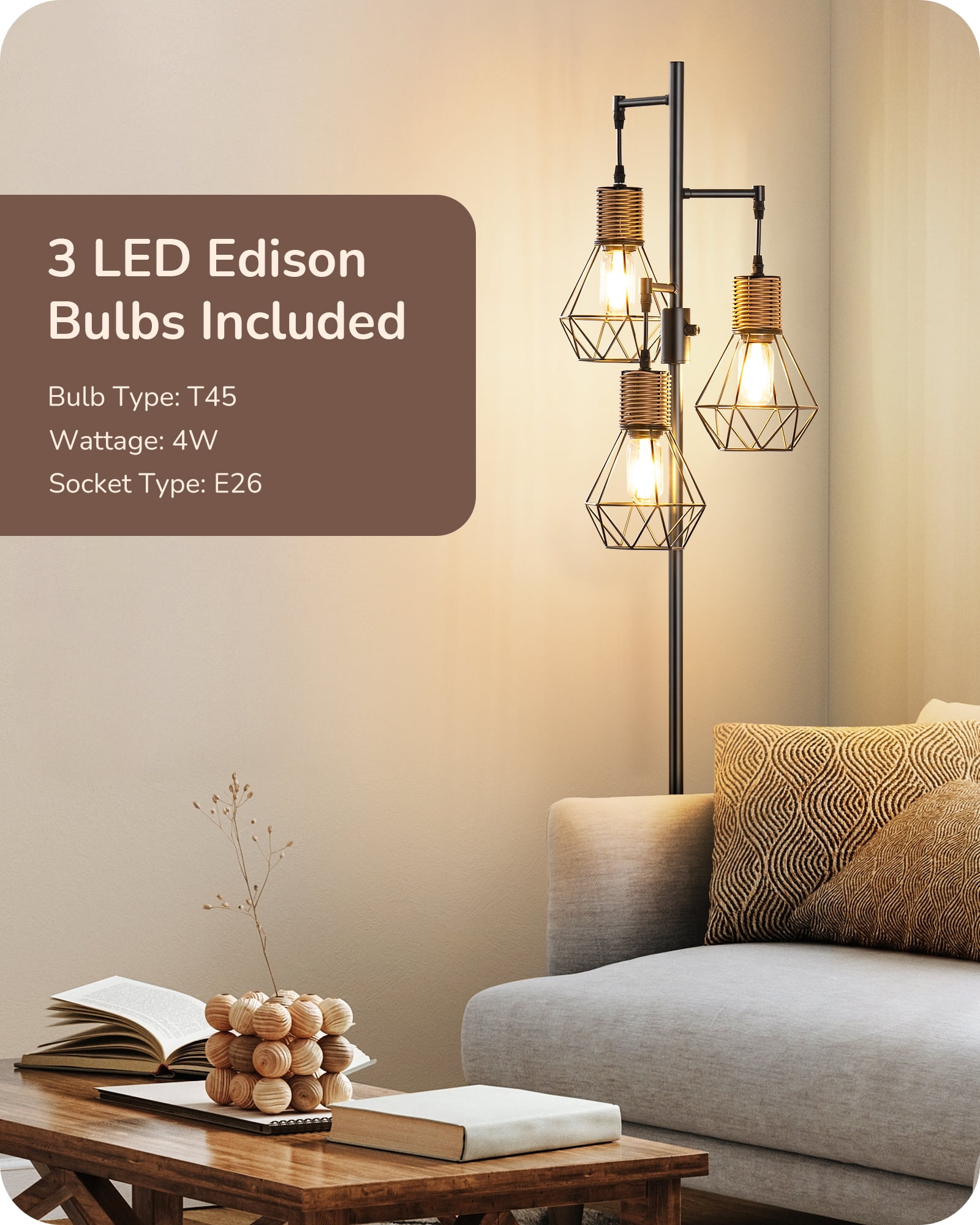 EDISHINE Industrial Rattan Floor Lamps for Living Room Clearance, Dimmable, Metal Three Head Floor Lamp for Bedroom, Office, Black, LED Bulbs Included