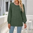 thumbnail image 2 of Women Solid Pullover Shirts Long Puff Sleeve Round Neck Casual Loose T-Shirt Pleated Tops Green,L, 2 of 6