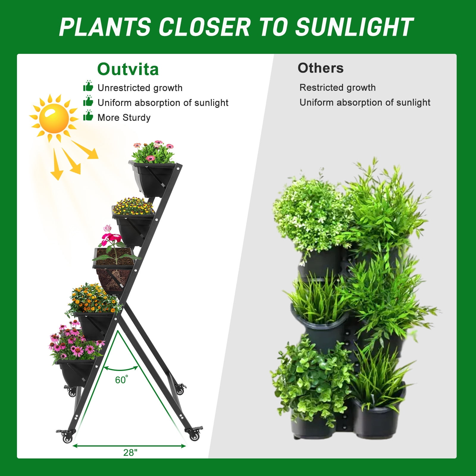Ktaxon 5-Tier Vertical Garden Bed with Wheels, Freestanding Elevated Planter Box with Drain Holes for Vegetables & Herbs