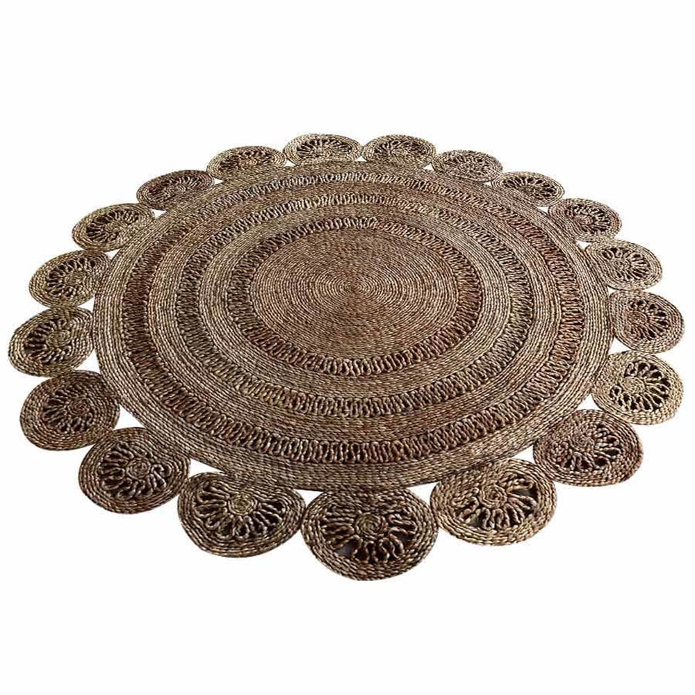 Hand Woven Jute Eco-Friendly Area Rugs - 4'X4', Round Shape, Beige Color, Oriental Pattern, High Pile, Natural Fiber, Outdoor Indoor Handmade Area Rugs For Living Room, Bed Room (J00002)