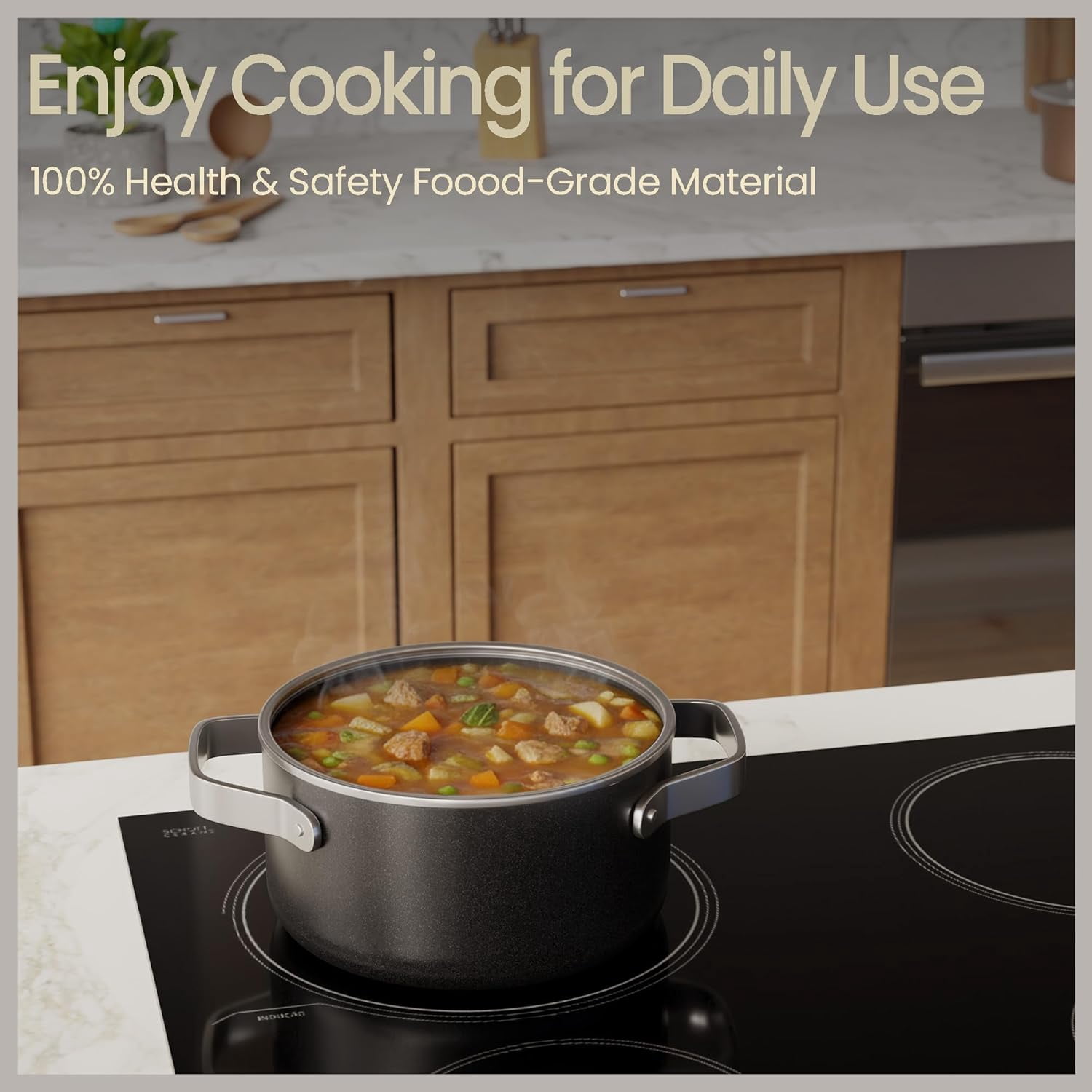 Bakken 3 Quart Ceramic Coated Stock Pot with Glass Lid, Nonstick, Oven Safe to 500°F, Stainless Steel Handles, All Stove Compatible, Black