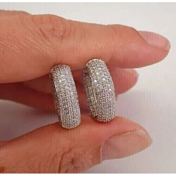 Cluster 3Ct Round Cut Real Moissanite Huggie Hoop Women Earrings 14K White Gold Plated Silver