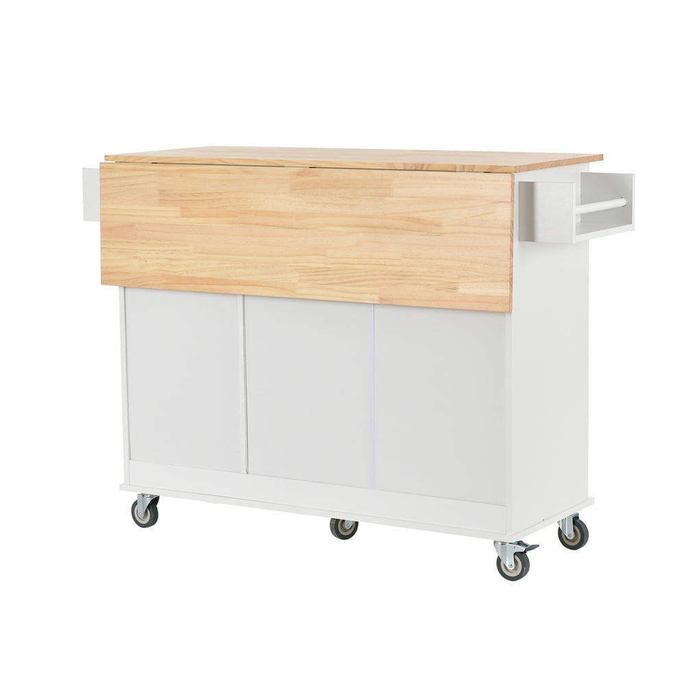 Kitchen Island Cart with Drop-Leaf Tabletop and Locking Wheels, 52.7" Large Kitchen Trolley Cart with 2 Door Cabinet and 3 Storage Drawers, Spice Rack Towel Rack, Rolling Kitchen Island Cart, White