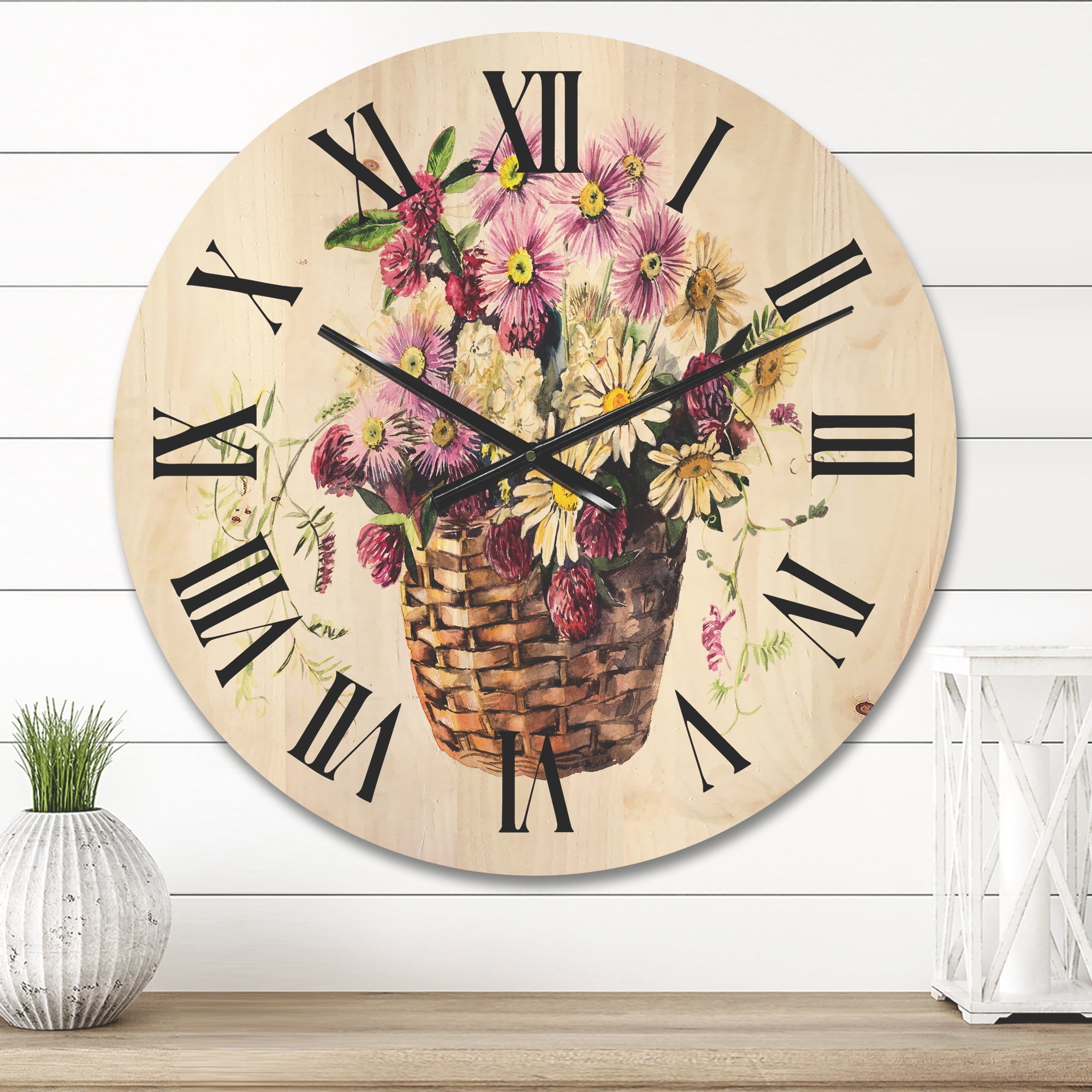 Designart 'The Basket Bouquet From Meadow Flowers' Traditional Wood Wall Clock