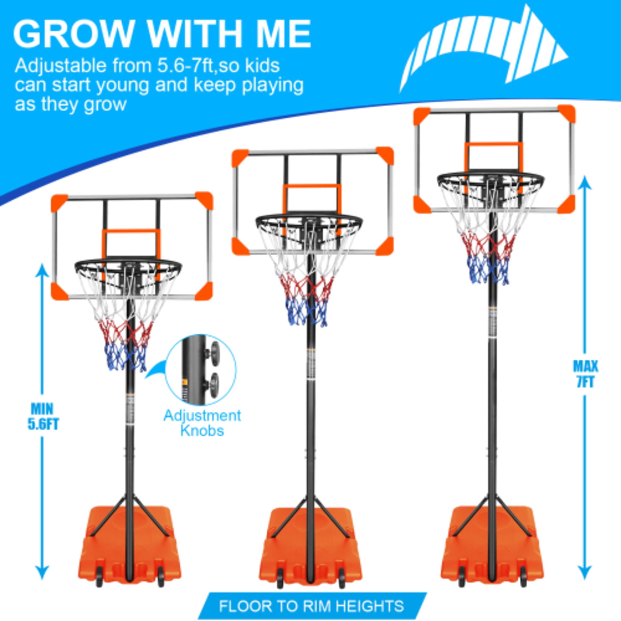 Portable Basketball Goal with Stable Base and Wheels for Teenagers, 28 Inch Height Adjustable 5.6 to 7ft Basketball Hoop Orange