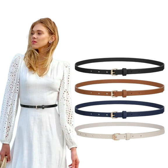 4 Pack Chic Faux Leather Belts for Women, Gold Buckle Skinny Belt Set, Adjustable Thin Waist Belt for Dresses Pants, Multi-Color & Size