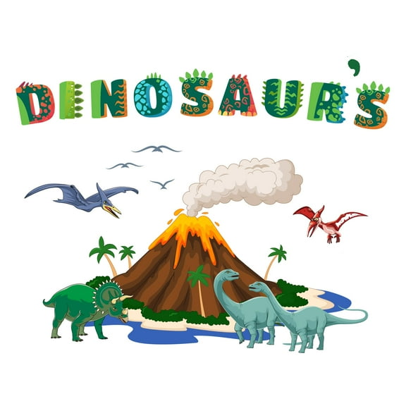 Outdoor Scene Volcanic Eruption Cute DinosaursWall Decal Decoration Dinosaurs Joyful Cartoon Cartoon Animals Decorating Ideas for Child's Bedroom Size: 10 In(W) x 8 In(H)