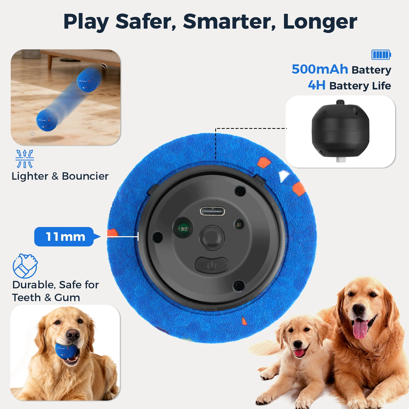 2 Pack Interactive Dog Balls - Auto Moving Bouncing Vibrating Washable Dog Toys for Large Medium Dogs, Type-C Rechargeable, Blue and Orange
