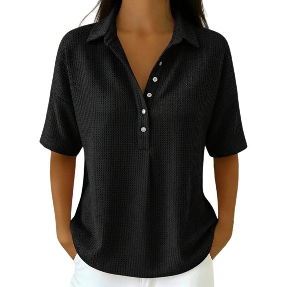 Womens Summer Tops Waffle Knit Short Sleeve Button Collar Golf Shirts Casual Dressy Trendy Flowy Blouse Women Soft Lightweight Shirts Daily Travel Office Outfits, Black L