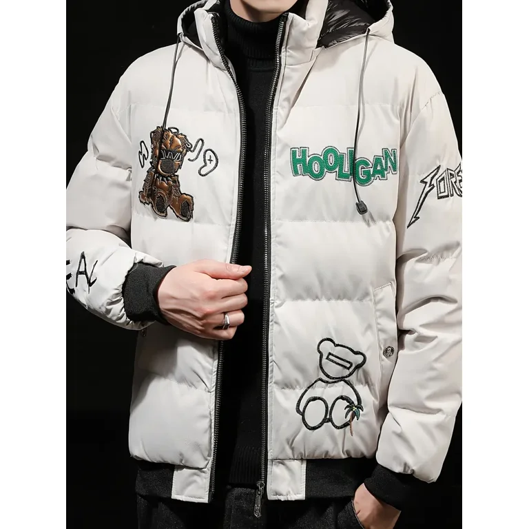 Men‘s 3D Embroidery Thick Winter Warm Hooded Cotton-padded Jacket Coat
