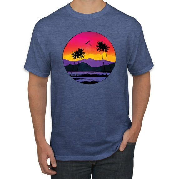 Wild Bobby, Tropical Paradise Beach Sunset, Streetwear, Men Graphic Tees, Vintage Heather Blue, Small