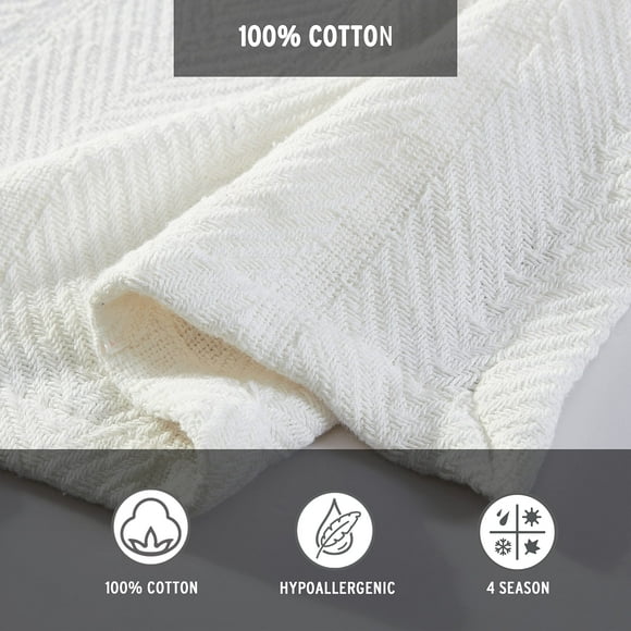 Eddie Bauer Home | Herringbone Collection | 100% Cotton Light-Weight and Breathable Blanket, Cozy and Soft Throw, Machine Washable, Queen, White