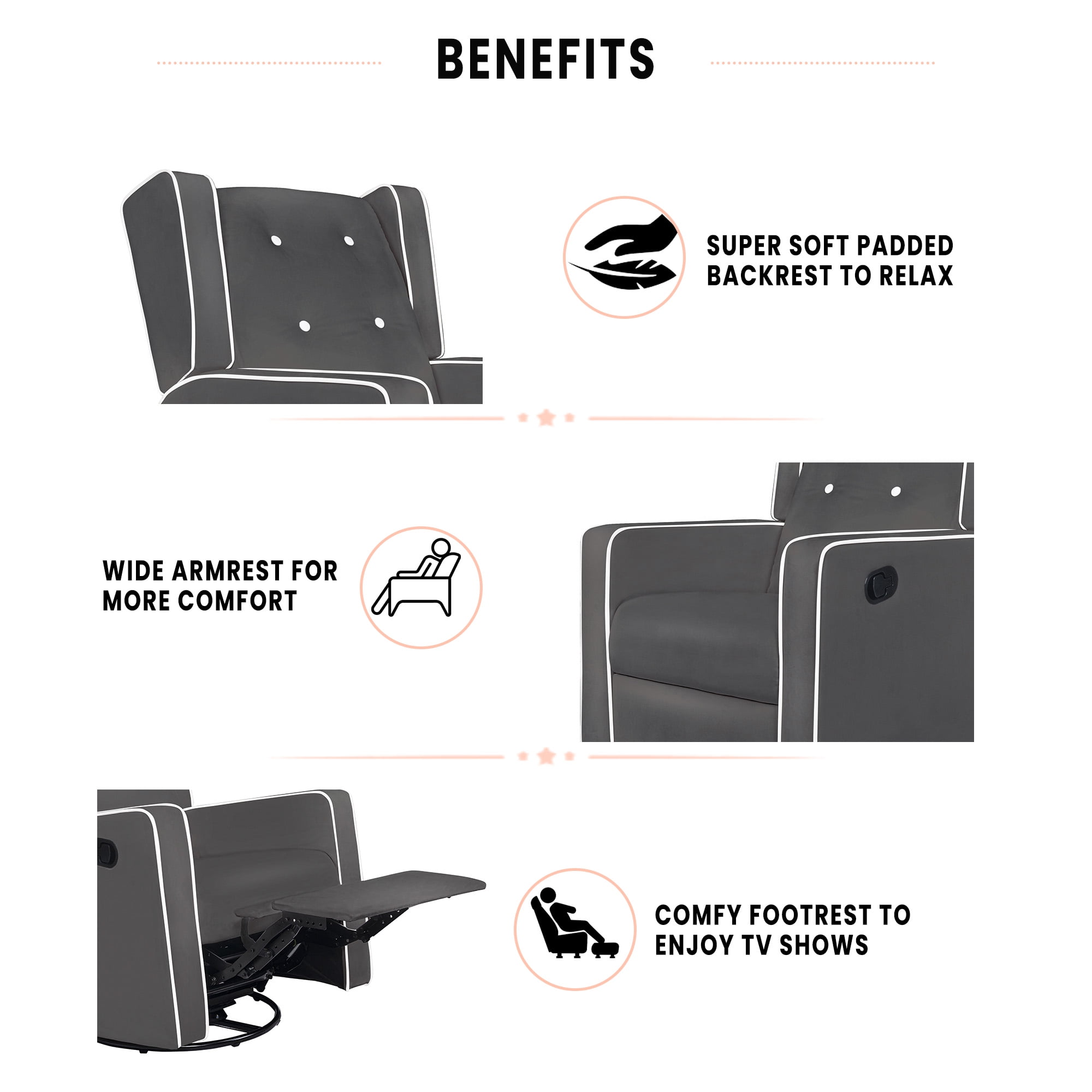 Odelia Solid Wood Microfiber Swivel Glider Rocker Recliner Chair, For Living Room, Bed Room Gray,Microfiber