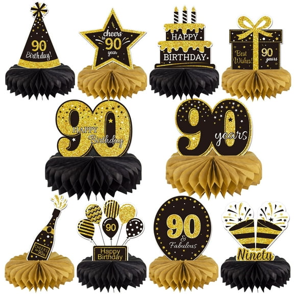 Gexolenu 10 Piezas Centros De Mesa De Panal De 90 Cumpleaños Oro Negro Saludos A 90 Años Centros De Mesa De Cumpleaños Adornos De Mesa Para Decoraciones De 90 Cumpleaños 90 Fabulosos Suministros De De