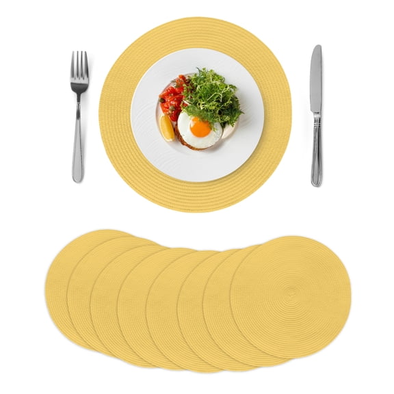 Pure Yellow Round 13 Inch Placemats Set of 8, Simple Solid Color HeatResistant Non Slip Place Mats for Dining Table, Wipeable Braided Kitchen Table Mats for Housewarming