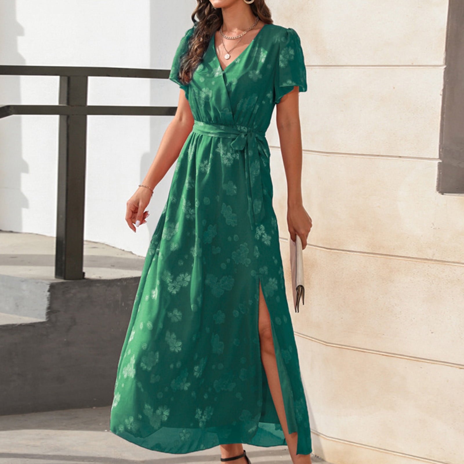 Women's Stylish V Neck Dress Elegant Short Sleeve High Waist