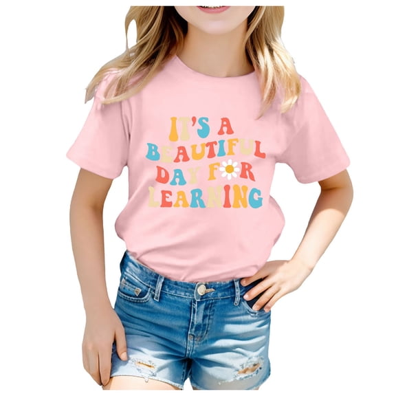 Big Kid Kids School Season Back To School Season Printed Casual Short Sleeve Top T Shirt Girls Mint Top Cute Tops for Teen Girls off The Shoulder Winter Tops Size 12 Age 8 Big 8-9 Years Pink
