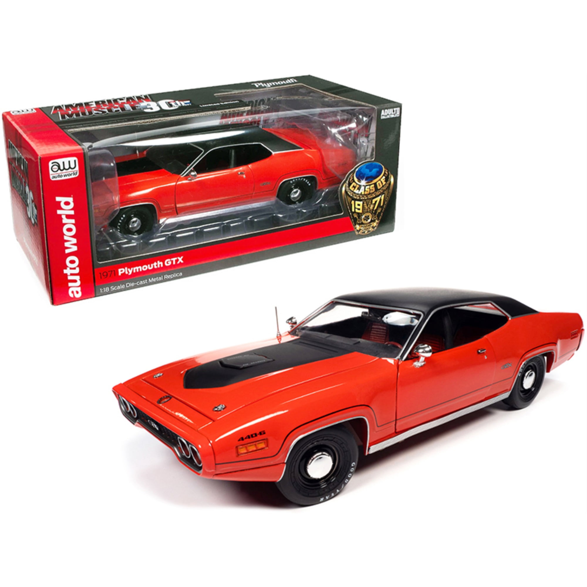 1971 Plymouth GTX 440+6 Hardtop Tor Red with Black Top and Black Stripe