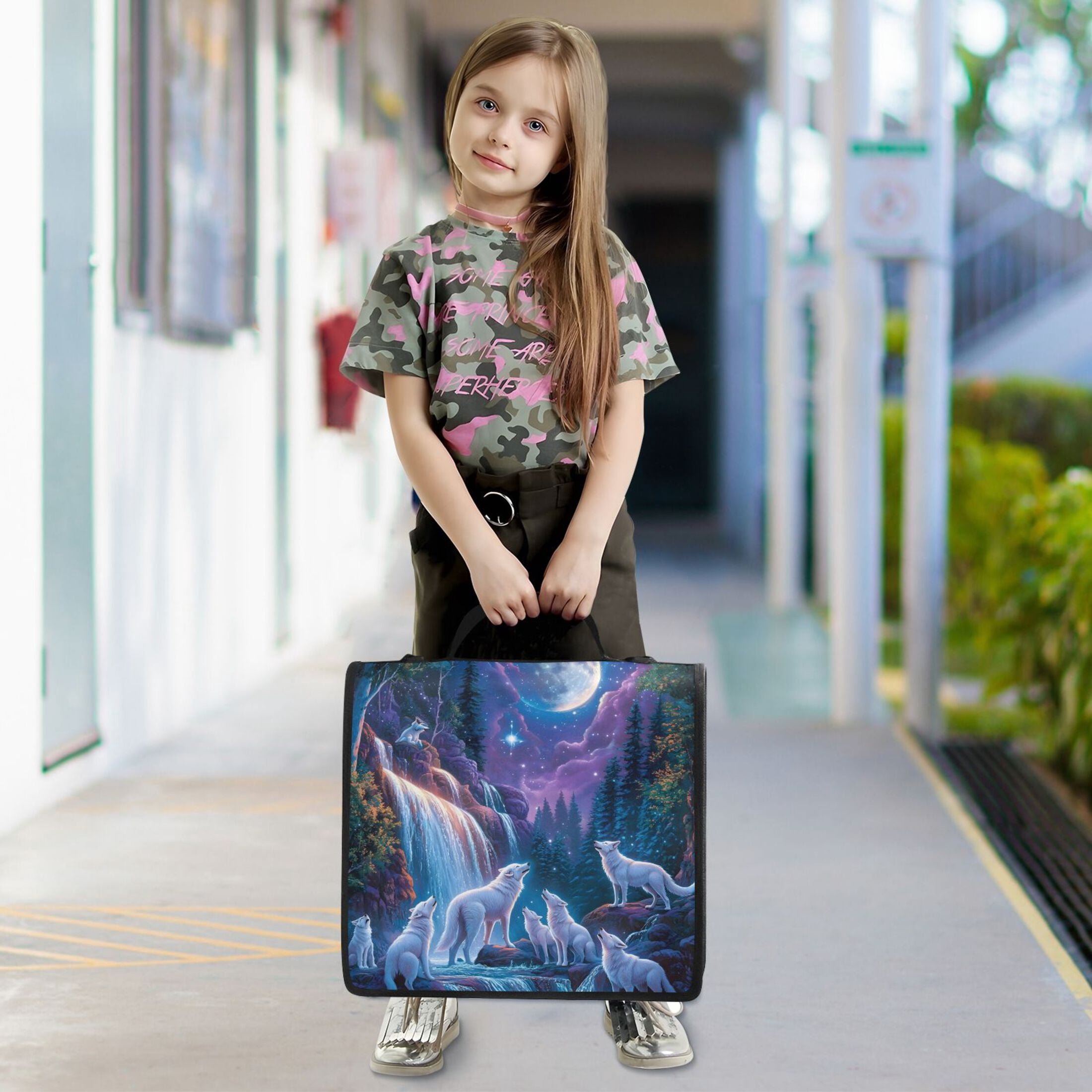3 Ring Zipper Binder with Shoulder Strap Waterproof Trapper Keeper 2 Inch D-Ring 500 Sheets Capacity White Wolf and Waterfall Moon