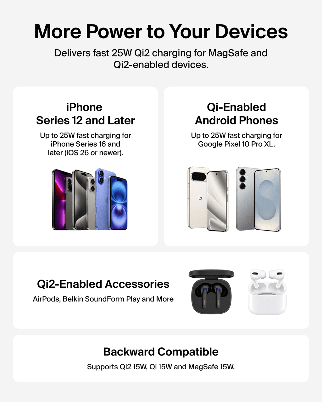 Belkin MagSafe Charger, Magnetic iPhone Charger w/ Qi2 25W, Fast Wireless Charging Pad w/Kickstand for iPhone 17 Series, Samsung Galaxy, Pixel 10, AirPods Pro, Travel - No Power Adapter, Black