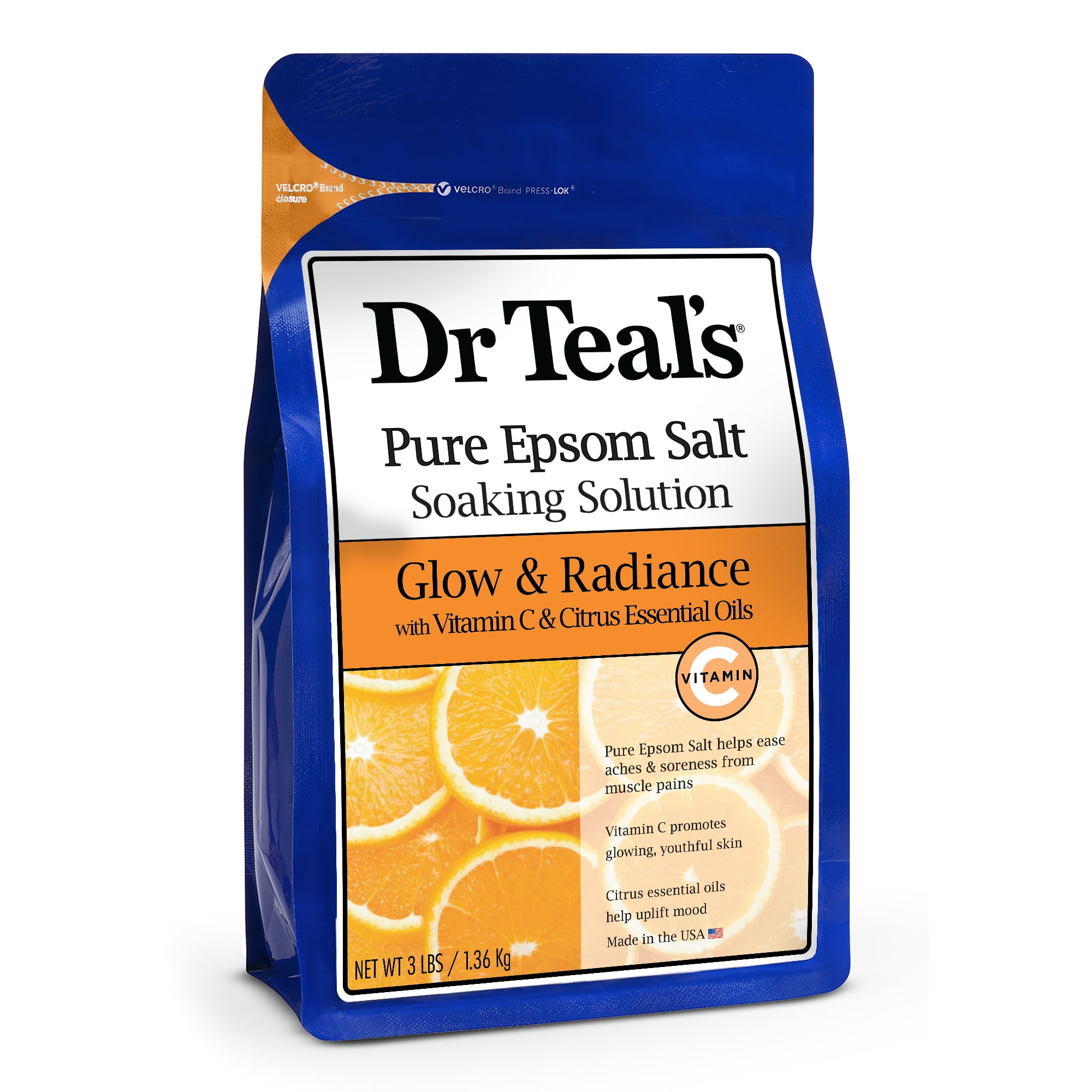 Dr Teal's Pure Epsom Salt Soak, Glow & Radiance with Vitamin C & Citrus Essential Oils, 3 lbs