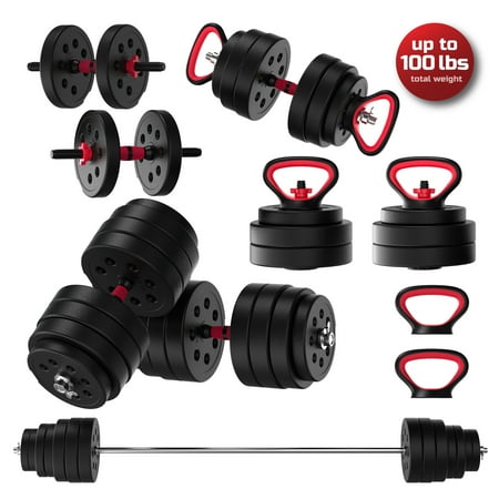 FitRx 5-in-1 SmartBell Gym Interchangeable Adjustable Dumbbells  Kettlebells and Barbell Weight Set  100 Lbs.  Black