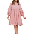 thumbnail image 1 of cfhntfmh Robes de Plage pour Femmes Robe Longue à Manches Longues Robe Mini Unie Fluide Col Rond Plissée Robe de Vacances, 1 of 7