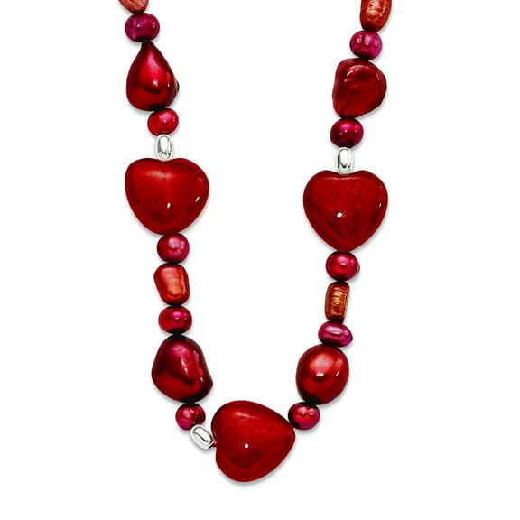 925 Sterling Silver Fancy Lobster Closure Red Dyed Jade Love Hearts Freshwater Cultured Pearl Necklace 17 Inch 14mm Wide