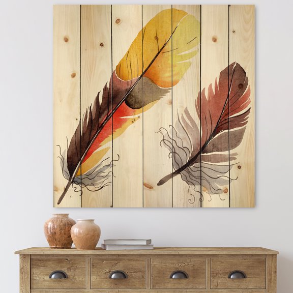 Designart 'Colourful Boho Art Feathers IV' Bohemian & Eclectic Print on Natural Pine Wood