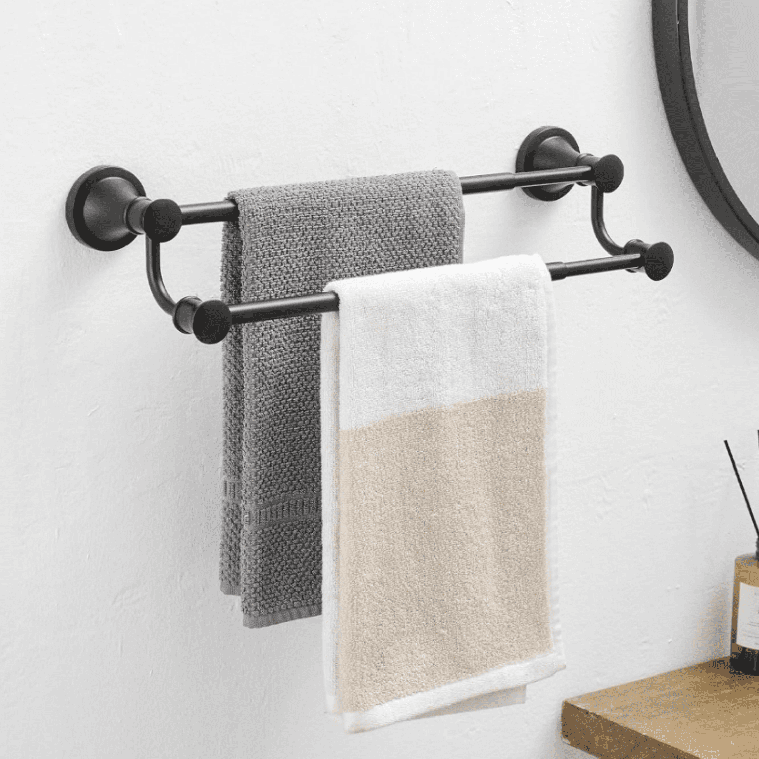 Adjustable Retractable 15-27 Inches Stainless Steel Bathroom Towel Bar, Bathroom Accessories Bath Hotel Double Towel Bar Rod Hanger Wall Mounted Towel Holder Towel Rack, Matte Black