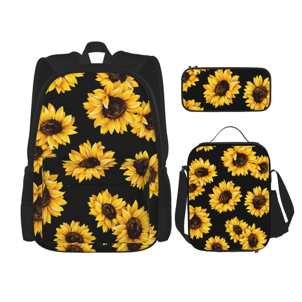 Easygdp Sunflower 6 Mochila para Niños y Niñas con Set de Caja de Almuerzo y Estuche para Lápices 3 en 1, Mochila Escolar Estampada para Adolescentes