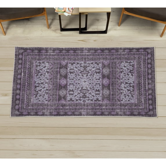 Vintage Area Rug with Non-Slip Backing, Ethnic Style Flower Petals Motives on Grunge and Weathered Backdrop, Quality Carpet for Bedroom and Dorm Room, 2.6' x 5', Purple Grey, by Ambesonne