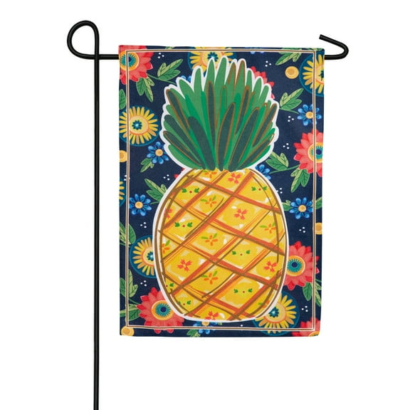 Evergreen Burlap Garden Flag - Pineapple and Florals, 12.5 x 18 inch Double Sided