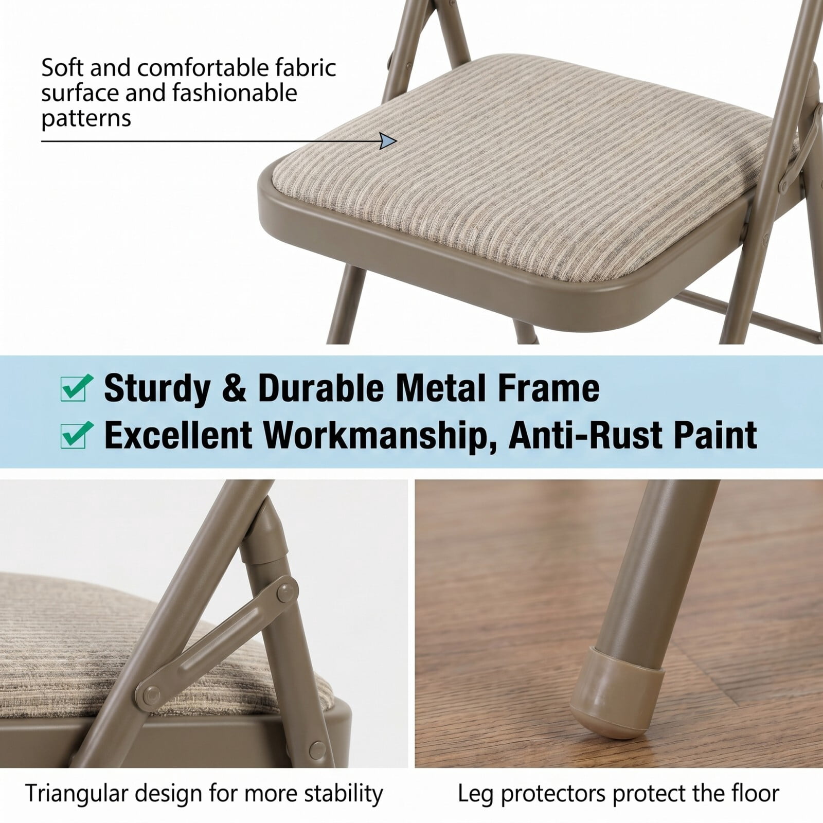 Kelno Folding Chair Set of 4 Fabric Padded Guest Chairs with Lightweight Sturdy Metal Frame, Fabric Khaki